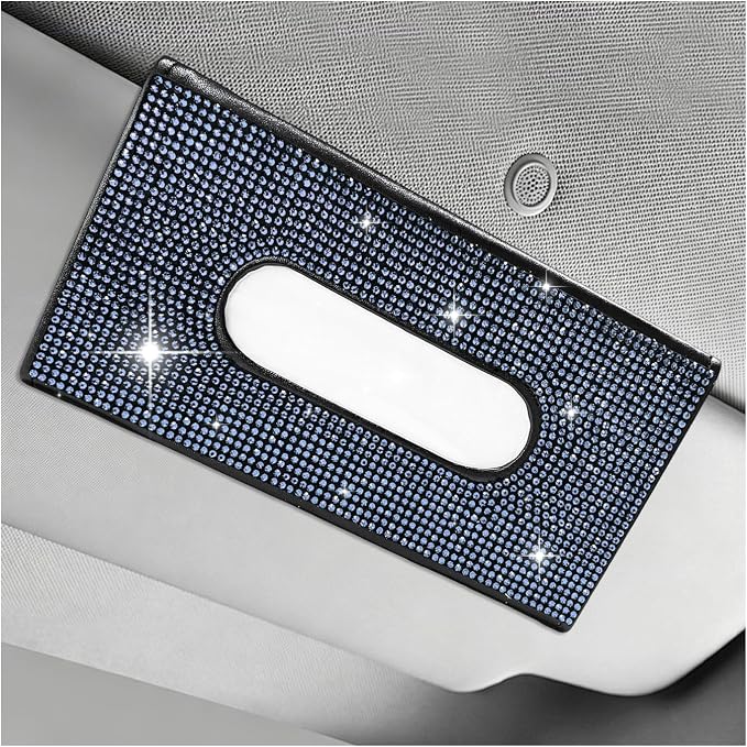 Bling Car Sun Visor Tissue Box Holder, Sparkling Auto Sun Visor Napkin Box Mask Holder, PU Leather Glitter Rhinestone Backseat Paper Towel Case for Cars Trucks SUVs (Blue)