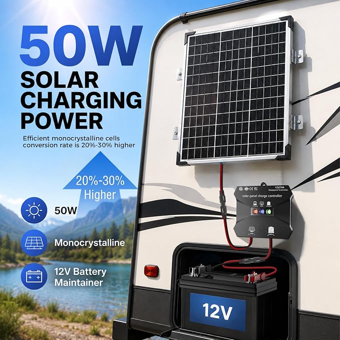 Voltset 50W Solar Panel Kit - 12V Solar Battery Charger Maintainer - IP67 Waterproof Solar Trickle Charger with 10A Smart Charge Controller and Mount Bracket for Boat RV Car Motorcycle Marine Trailer