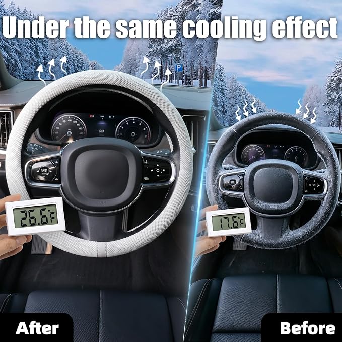 15 Inch Cooling Steering Wheel Cover for Women, Non-Slip Breathable Cooling Car Steering Wheel Cover with Upgraded Silicone Inner Ring Fits Round/D Shape, Warm in Winter Cool in Summer, White Gray
