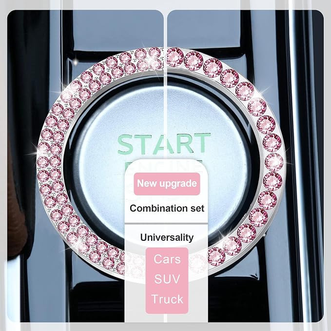 LivTee 2 PCS Crystal Combinatorial Rhinestone Car Engine Start Decoration Ring, Push to Start Button Cover Sticker, Bling Car Interior Accessories for Women, Automotive Decals, Pink