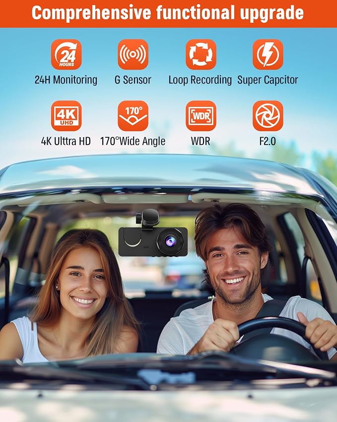3 Channel Dash Camera for Cars, 4K+1080P Full HD Dashboard Camera, Dash Cam Front and Rear Inside with 32GB SD Card,2.0 inch IPS Screen, IR Night Vision,G-Sensor,Loop Recording,24H Parking Monitor