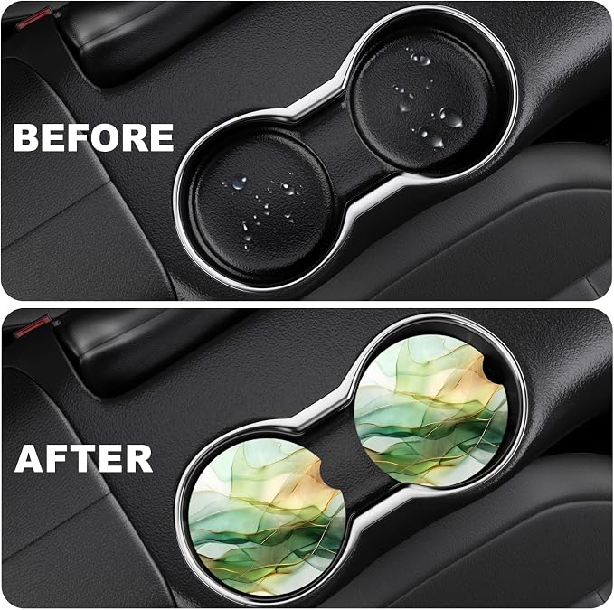 2 Pack Car Cup Holder Coaster, 2.63 inch Anti Slip Insert Absorbent Ceramic Car Coaster with Cork Base and Finger Notch, Cute Car Accessories Interior for Women, Cute Car Coasters.