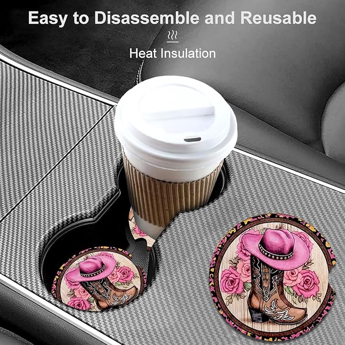 2 PCS Cowgirl Hat Boots Car Cup Holder Coasters Universal Neoprene Coasters | 2.75" Universal Size Anti Slip Rubber Mat,Auto Cup Holder Accessories for SUV Truck, Western Cowboy Gifts for Women Men Mom