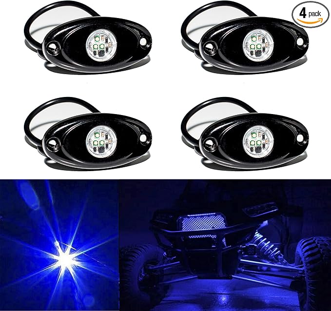 YONEDA 4 Pods Blue Rock Lights 6000K 3LED Bright LED Underglow Lights IP68 Waterproof for Trucks SUV UTV ATV RZR Car Boats Pickup Motorcycle