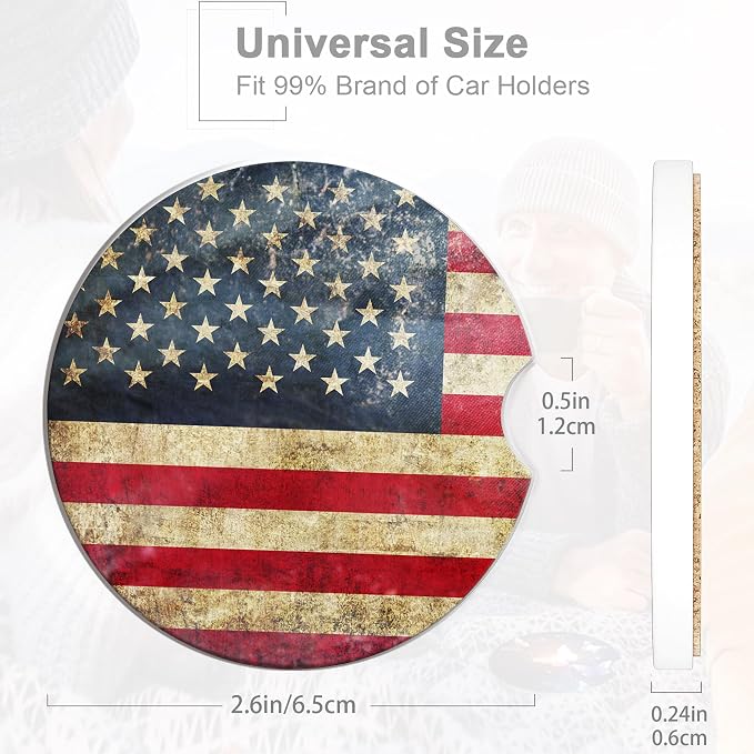 American Flag Car Coasters for Women 2 Pack,Retro Absorbent Car Coasters for Cup Holders Insert Ceramic Anti Slip with Finger Notch & Cork Base Auto Accessories Gifts