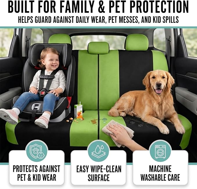Automotive Seat Covers Green Universal Fit Combo Set with Steering Wheel Cover and Seat Belt Pad fits most Cars, SUVs, and Trucks (Airbag Compatible and Split Bench) FH Group FB030GREEN-COMBO