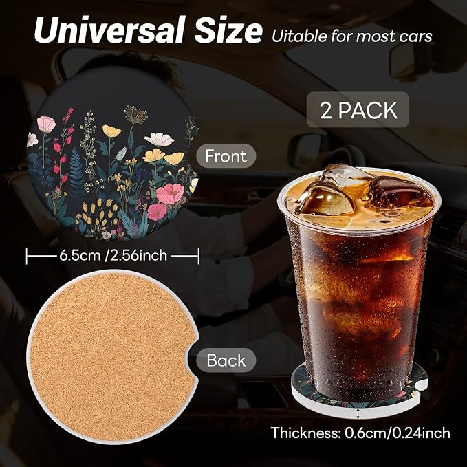 Car Cup Holder Ceramic Coasters 2 Pack, 2.56 in Anti Slip Absorbent Coaster with Cork Base and Finger Notch, Funny Cute Car Accessories Interior for Women, Wildflower