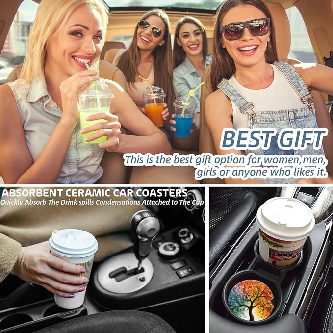 Cup Holder for Car,Tree of Life with Leaves Ceramic Coasters Non-Slip Cup Holder Insert with Fingertip Grip, Auto Interior Accessories for Women & Men,Pack of 2, 2.56In