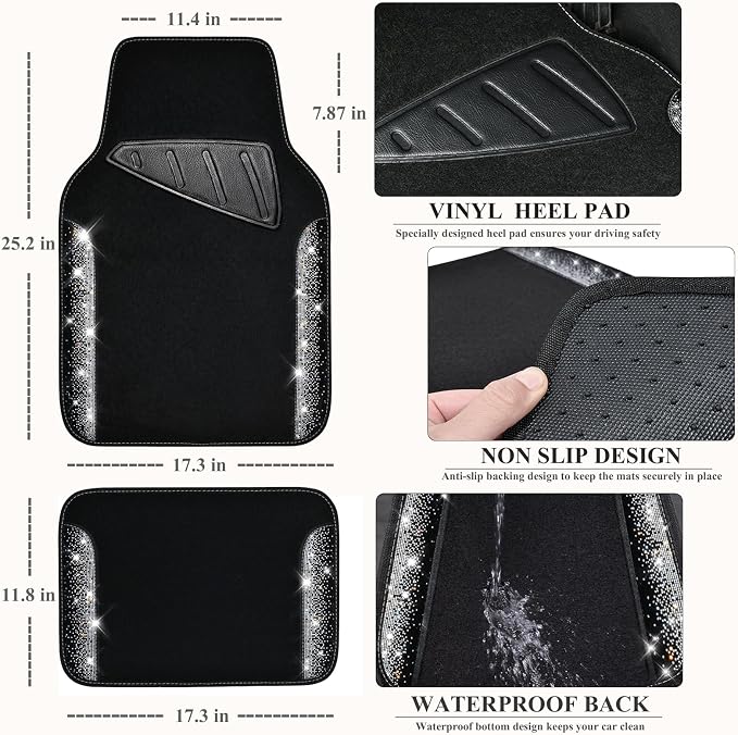CAR PASS Bling Car Mats Shining Diamond Carpet Crystal Rhinestone Sparkly Glitter Floor Mats with Anti-Slip PVC Pad Universal Fit Automotive SUV,Sedan,Van,4pcs for Girl Women, Black Sliver Diamond