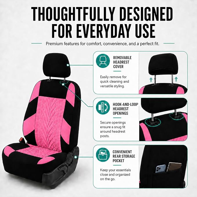 FH Group Full Set Travel Master Car Seat Covers, Airbag and Split Rear Car Seat Cover Universal Fit Interior Accessories for Cars Trucks SUV, Automotive Seat Covers, Pink