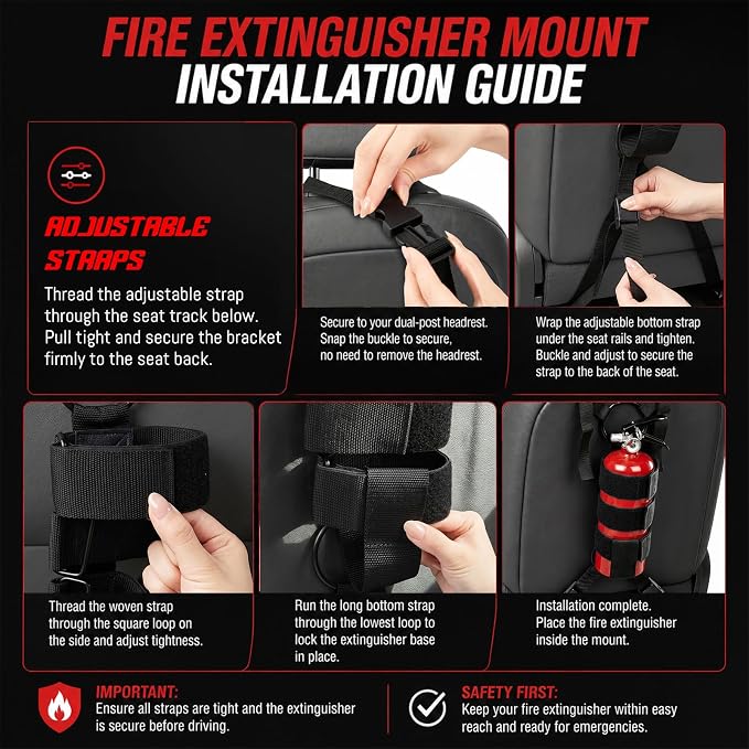 Zonon 2 Pcs Fire Extinguisher Mount for Roll Bars Headrest Seat Rail Roll Cage, Adjustable Heavy Duty Straps, Fits 2.5-3.3 lb, Black for Car Truck SUV ATV Off Road Vehicle