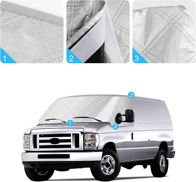 Windshield Sun Shade for 1992-2026 Ford E-Series E-150 E-250 E-350 E-450 Van Motorhome, External 5-Layer Reflective Sunshade for 2019-2026 Ford Econoline E-Series Van & Motorhome