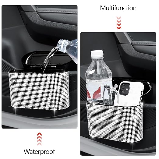 NBTEPEM Bling Car Trash Can with Lid - 2 Pack, Mini Auto Garbage Can with 60 Trash Bags, Automotive Garbage Container Bin, Bling Car Accessories Trash Can for Women (Silver Diamond)