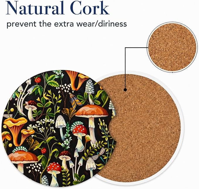 2Pack Car Cup Holder Coasters Absorbent Ceramic Coaster 2.56" for Women & Men Auto Mushroom Car Accessories