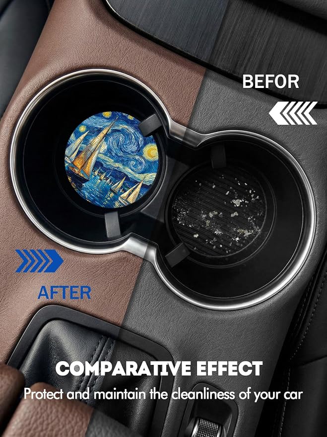 WOCOCN Car Coasters for Cup Holders - 2 Pack 2.75" Universal Rubber Car Cup Coaster, Non-Slip Waterproof Car Interior Accessories, Cute Car Decor Gifts for Women and Men (Sailboat)