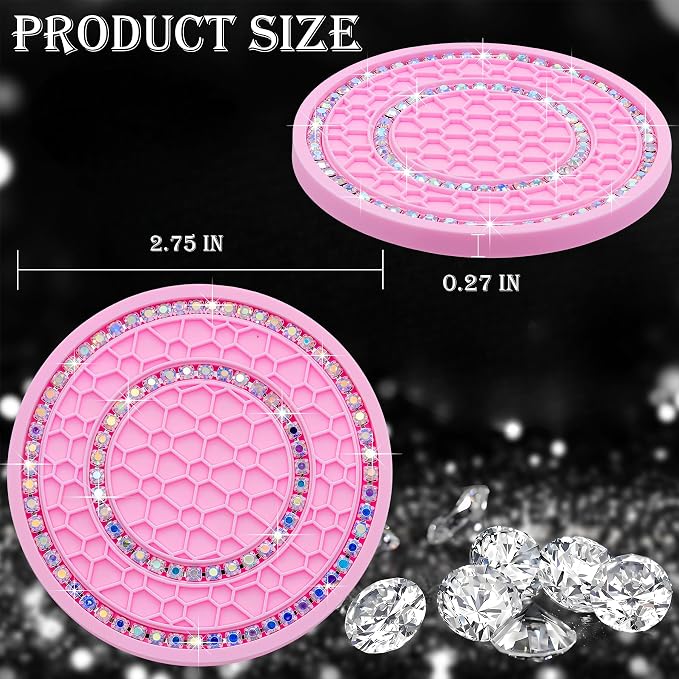 2PCS Bling Crystal Rhinestone Cup Coaster Insert, 2.75 inch Soft Silicone Anti-Slip Shockproof, Car Drink Holder Coaster, Universal Car Interior Accessories for Women (Pink & Colorful)