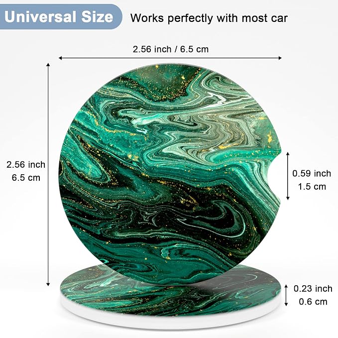 Nipichsha Car Coasters for Cup Holders, 2 Pack Absorbent Ceramic Car Cup Holder Coaster for Drinks, Cute Auto Assecories for Women Men, Size 2.56 in with Finger Notch & Cork Base, Green Gilt Marble