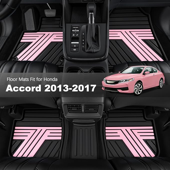 Floor Mats Fit for Honda Accord Sedan 2017 2016 2015 2014 2013, All Weather Rubber Custom Fit Anti-Slip Car Floor Liner, 1st & 2nd Row, Black & Pink (Not for Coupe)