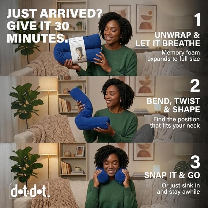 Dot&Dot Twist Memory Foam Travel Pillow, Bendable Neck Pillow for Airplane, Car and Home, 26-Inch Adjustable Roll with Washable Cotton Cover, Sapphire