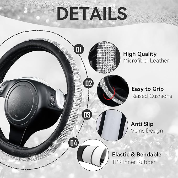 CAR PASS Bling Diamond Leather Car Seat Covers Sets 11 pcs,Bling Diamond Car Accessories for Women, Sparkly Rhinestone Steering Wheel Cover, Glitter Cute Interior Sets for Women Girl,Silver
