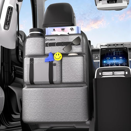 FLORICH PU-Coated Fabric Car Backseat Organizer, Durable Large capaity Seat Back Organizer and Storage with 6 Pocket, Kick Mats Back Seat Protector for Kids Universal Fit