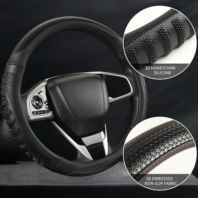 Anti-Slip Silicone Steering Wheel Cover Great Grip with 3D Honeycomb | Heavy-duty Microfiber Leather Sporty Design, Universal 14.5 inch - 15 inch, All Black