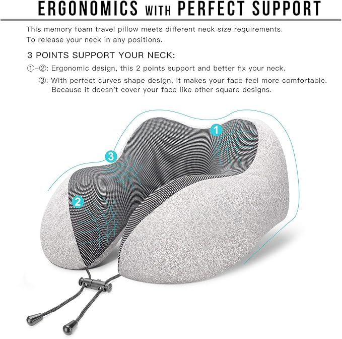 MLVOC Neck Pillow for Traveling, Upgraded 100% Pure Memory Foam Travel Neck Pillow for Airplane Flight Sleep, Breathable & Machine Washable Cover, Travel Kit with 3D Eye Mask, Earplugs & Bag, Grey | memor foam