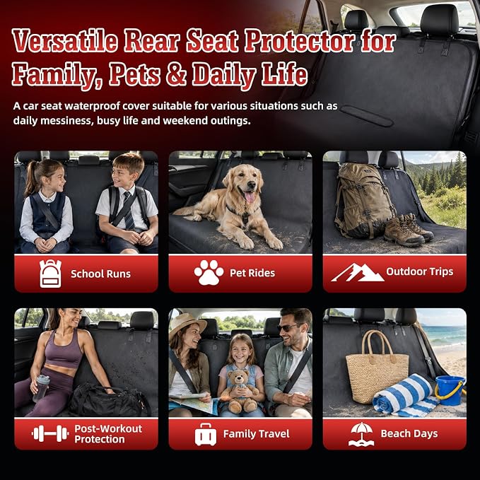 Car Seat Cover Towel, Waterproof Sweat Absorbent Back Seat Protector for Sedans SUVs & Minivans, Non-Slip Machine Washable Rear Bench Cover for Post-Gym, Beach, Pets & Kids (Gray)