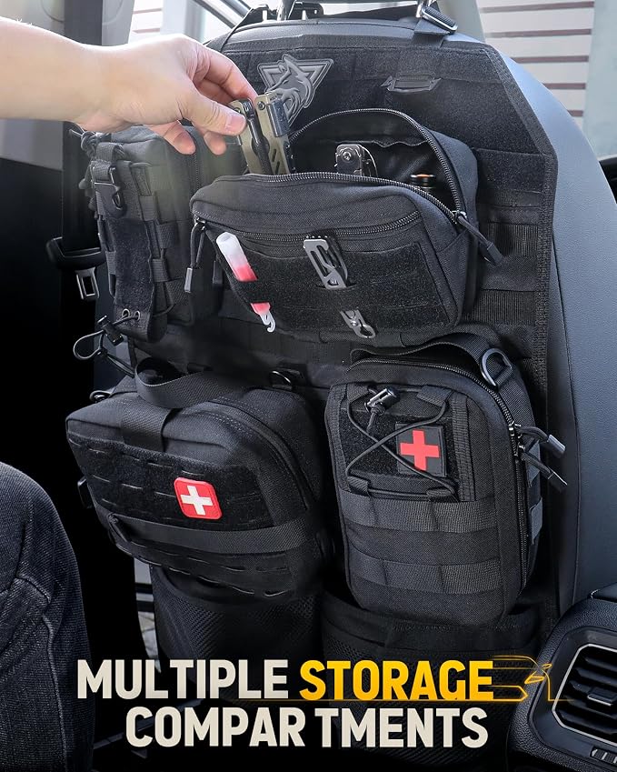 WYNEX MOlle Car Backseat Organizer Detachable 4 Molle Pouches for Road Trip | Truck Seat Back Storage & Organizer Molle Panel with Tactical Bag, Fits Most Cars, SUVs, Pickups, Jeepd, Trucks, Vans