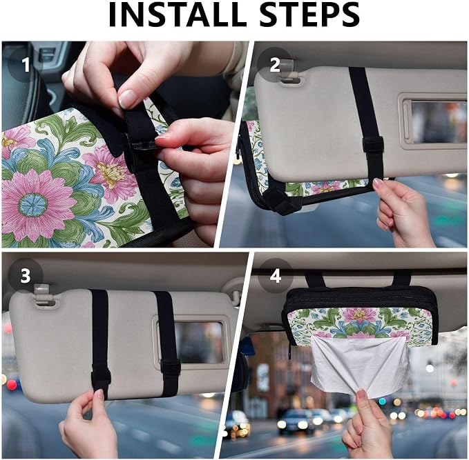 White Pink Green Flower Boho Mandala Car Tissue Holder Durable Napkin Holder Hanging Tissue Holders Case Car Tissues Bag for Sun Visor Seat Back Universal Auto