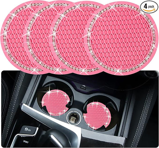 4PCS Bling Coaster, 2.75 Inch Auto Car Cup Holder Insert Coasters Silicone Anti-Slip Crystal Rhinestone Drink Mat, Universal Vehicle Interior Accessories for Women Girls (Pink)