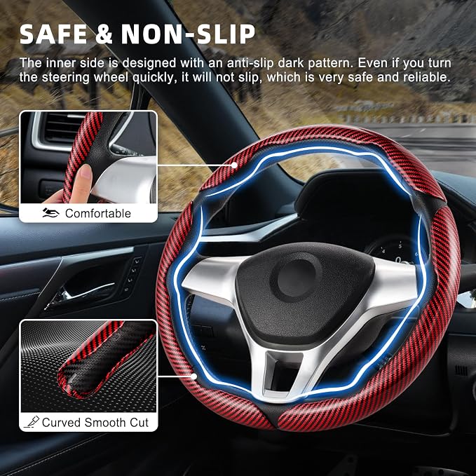 Amiss 3pcs Carbon Fiber Anti-Skid Steering Wheel Cover, Waterproof Design, Universal Fit for 14-16 Inch Car Wheel Cover, Interior Car Accessories for Jeeps, SUVs, Trucks (Glossy Red)