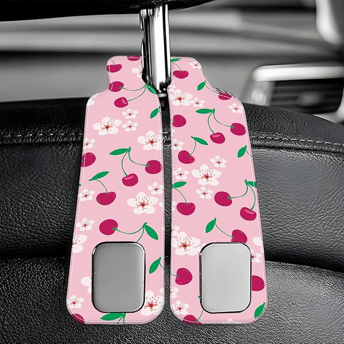 Car Headrest Purse Hanger Cute Floral and Pink Cherries 1 Pack Bag Purse Holder for Car Premium Leather Double Metal Hook for Handbags, Grocery Bags and Phones