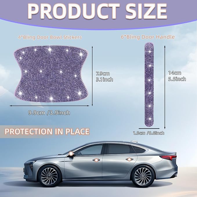 NBTEPEM 10 Pcs Bling Rhinestone Car Door Handle Stickers, Universal Crystal Diamond Glitter Door Handle Protector Decals, Scratch‑Resistant Bling Car Accessories for Women (Purple)