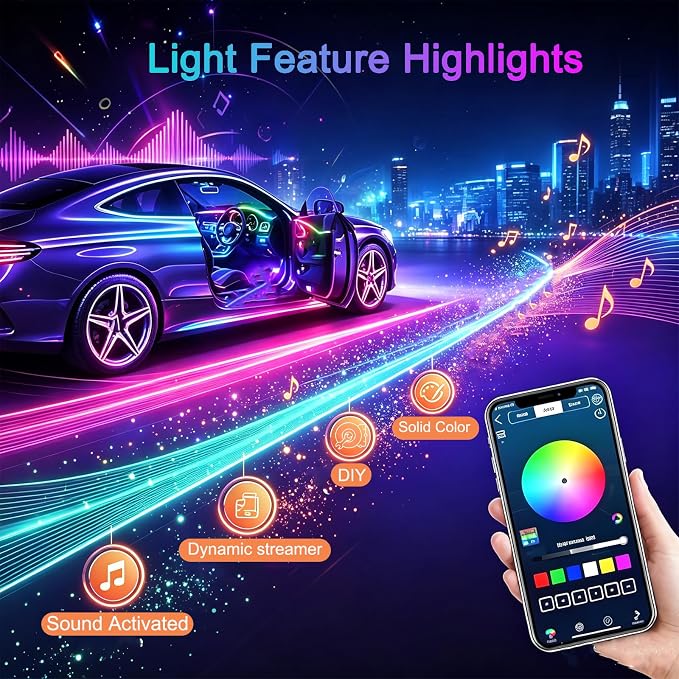 22In1 Car Interior LED Strip Lights Multicolor & 4Pcs Tire Valve Light, Ambient Lighting Strip Lights for Trucks, UTV, SUVs