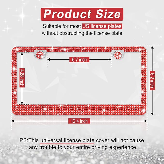 Amiss Bling License Plate Frame for Women, 2Pack Rhinestone Handcrafted Crystal Premium Stainless Steel, Stainless Steel Car Accessories with Diamond Sparkle Glitter Caps (Red)