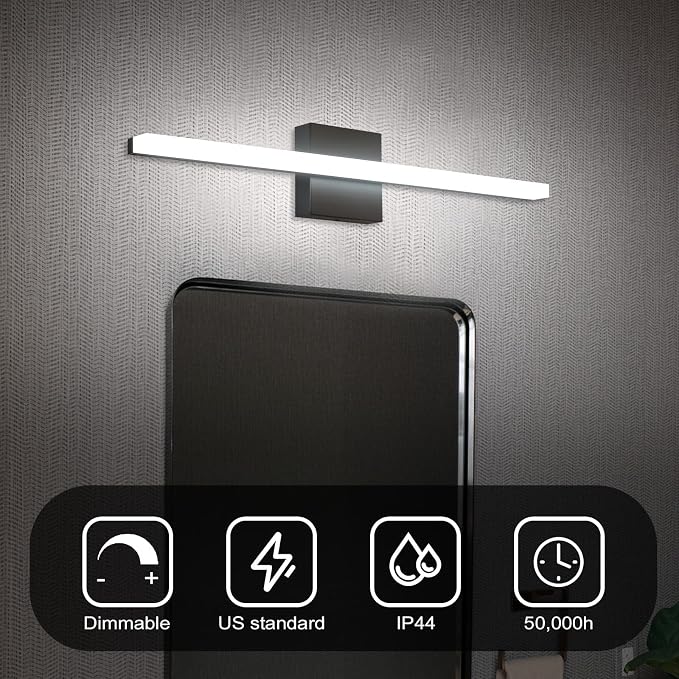 Combuh Bathroom Light Fixtures Dimmable Black Vanity Lights Bar 24 Inch 14W Bathroom Lights Over Mirror ip44 Wall Sconces Daylight White 6000K
