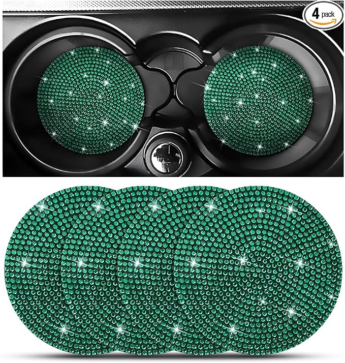 Osilly Bling Car Cup Holder Coaster, Crystal Rhinestone Anti-Slip Insert Coasters, Universal 2.75 Inch Fashion Automotive Cup Mat, Car Interior Accessories Decor Gifts for Women (Green, 4PCS)