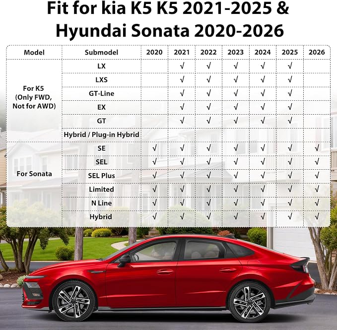 Floor Mats for kia k5 2021-2026(Only FWD Models) & Hyundai Sonata 2020-2026 | All-Weather TPE Custom Fit Car Liners Accessories, Full Coverage Anti-Slip 1st & 2nd Row & Trunk Mat