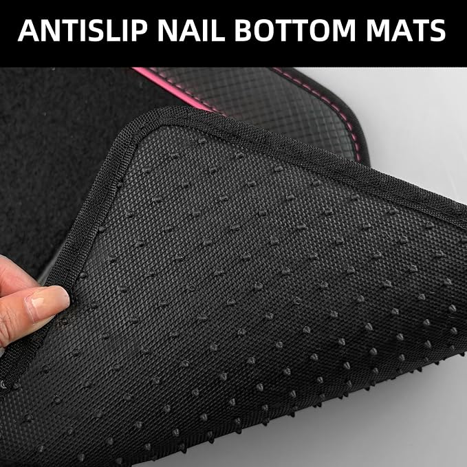 NBTEPEM Waterproof Universal Fit Car Floor Mats, Faux Leather Sporty Car Carpet Mats with Anti-Slip Nibbs Backing & Driver Heel Pad Fit for SUV, Vans, Sedans, Trucks, Set of 4 (Black with Pink line)