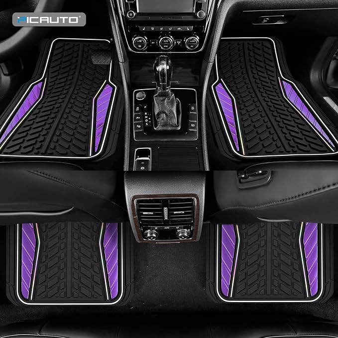 PIC AUTO Car Floor Mats, Purple Aluminum-Molded with Full-Circle Iridescent Inlay Strip Car Mats, Universal-Fit Rubber Mats for Cars, Trucks & SUVs, All-Weather, Non-Slip, Easy-to-Clean Interior Mats