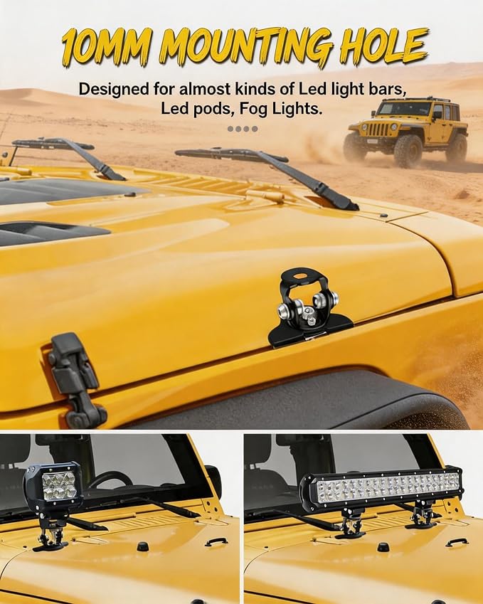 Hood Mount Light Brackets Universal Ditch Mount No Drill Fog Light Bracket | 2PCS 304 Stainless Steel A Pillar Light Mount Fog Light Brackets Mount Hood Mount Light Anti-Scratch for Truck Offroad