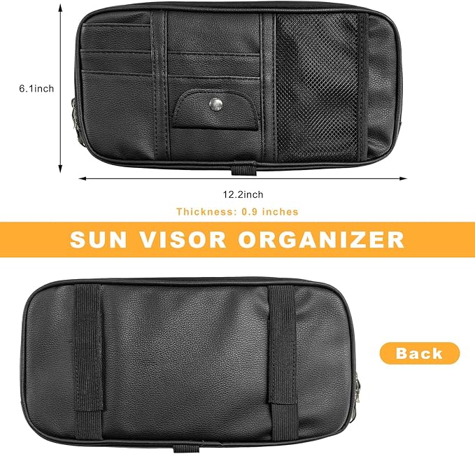 Car Sun Visor Organizer, Multi-Pocket Leather Auto Storage Pouch with Glasses Clip & Zippers, Multifunctional Sun Visor Storage Bag Ticket Organizer for Cars Trucks SUVs (Black)
