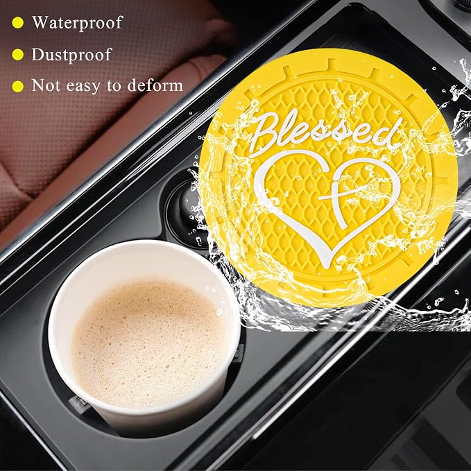 KVAEY 2 PCS Car Cup Holder Coasters, 2.76 Inch Anti Slip Vehicle Drink Mats with Cute Blessed Cross and Heart, Shockproof, Universal Car Accessories (Yellow, 2 PCS)