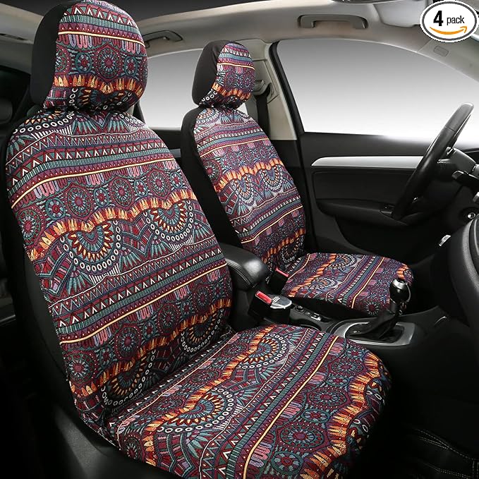 Baja Saddle Blanket Car 4PCS Front, Breathable and Washable Striped Woven Automotive Vehicle Universal Boho Seat Cover for Sedan, SUV, Truck, Airbag Compatible