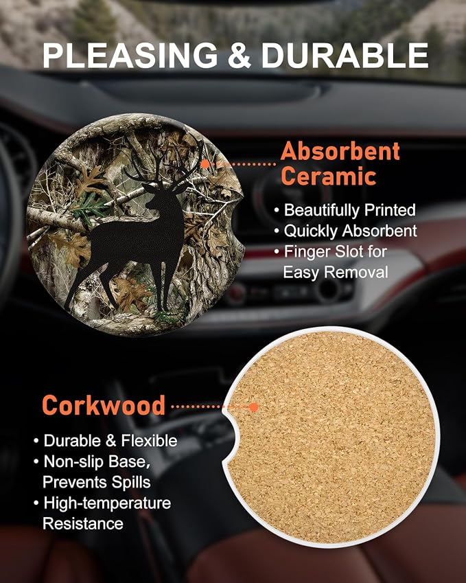 Swooflia Car Coasters for Men - Deer Ceramic Car Cupholder Coaster Cool Absorbent Mat Coaster with Cork Base 2 Pack Automotive Cup Holder Accessories New Driver Gifts