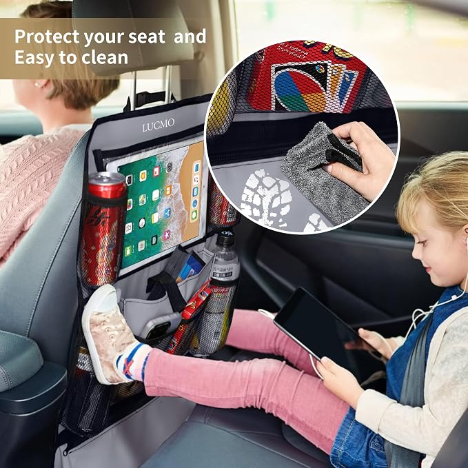 LUCMO Car Backseat Organizer with Touch Screen Tablet Holder, Grey | 2 Pcs,9 Storage Pockets,Clear Tablet Holder,Protectors Kick Mats,Travel Accessories,Seat Cover,Road Trip Essentials