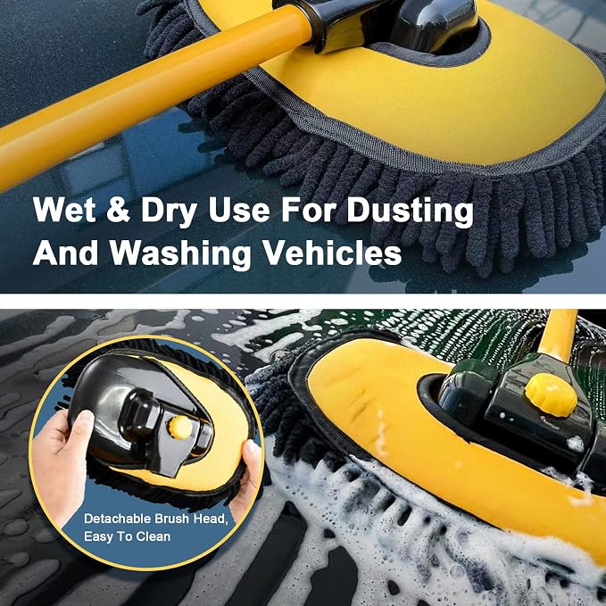 YeewayVeh Car Wash Brush with Long Handle, Microfiber Car Wash Mop with Replaceable Chenille Brush Head, Soft Cleaning Brush with 15° Curved Extension Pole Car Wash Kit for RV Truck Camper, Yellow | Extra Replaceable Chenille Head, 15° Curved Extension...