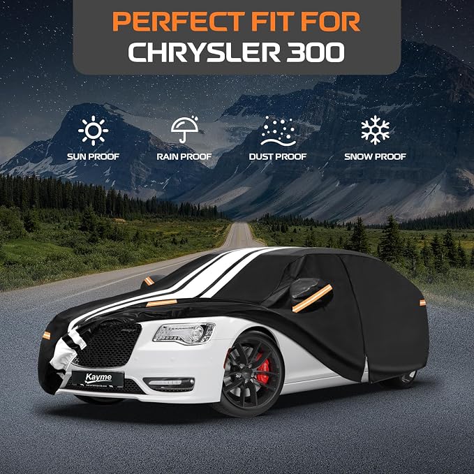 Kayme Heavy Duty Car Cover Custom Fit for Chrysler 300 (1998-2023), Outdoor Full Exterior Cover with Tape and Towel, Rain Snow Sun UV Protection.