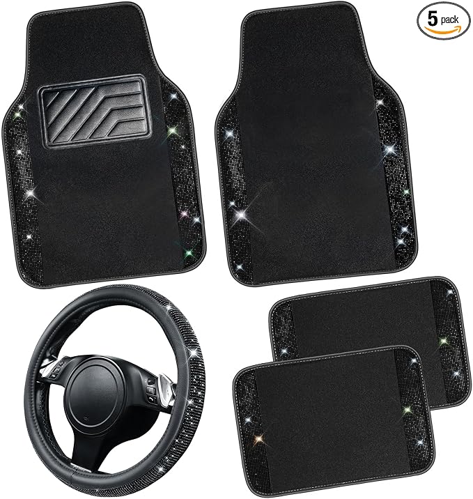 CAR PASS Bling Diamond Leather Steering Wheel Cover 14.5in-15in Floor Mats Shining Rhinestone Carpet Sparkly Glitter Crystal Anti-Slip Pad Fit Automotive SUV Pickup Truck Girl Women, 5pcs Black